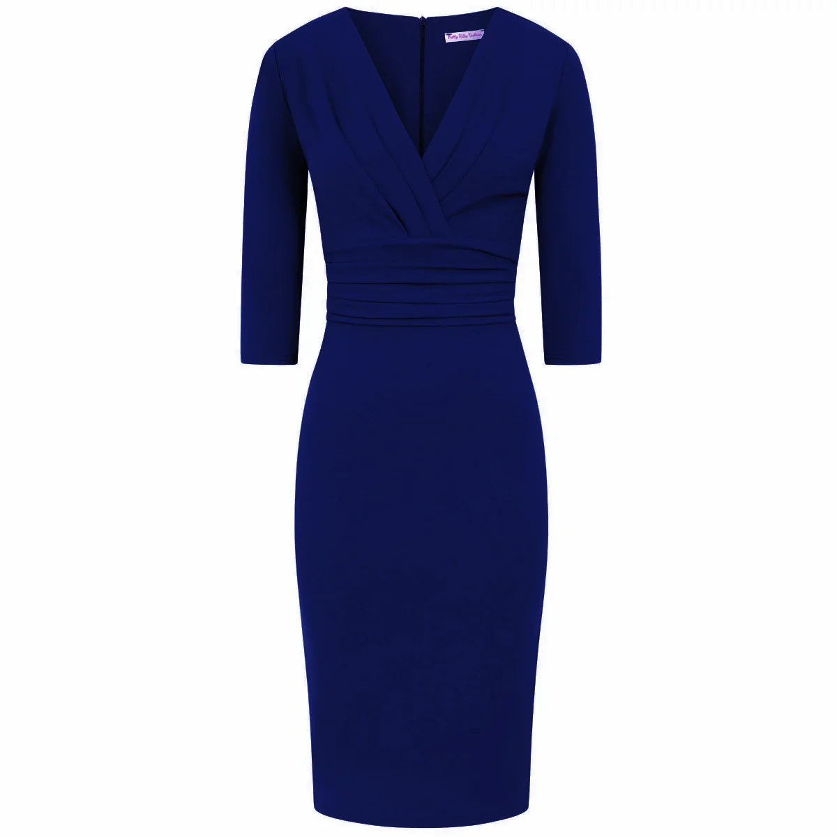 Navy Blue 3/4 Sleeve Deep V Bodycon Ruched Waist Wiggle Dress