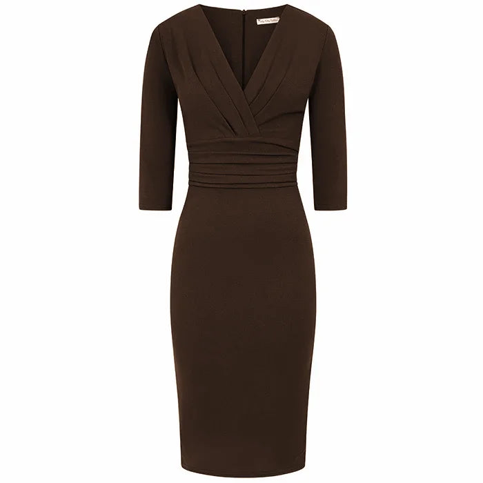 Chocolate Brown 3/4 Sleeve Deep Bodycon Ruched Waist Wiggle Dress
