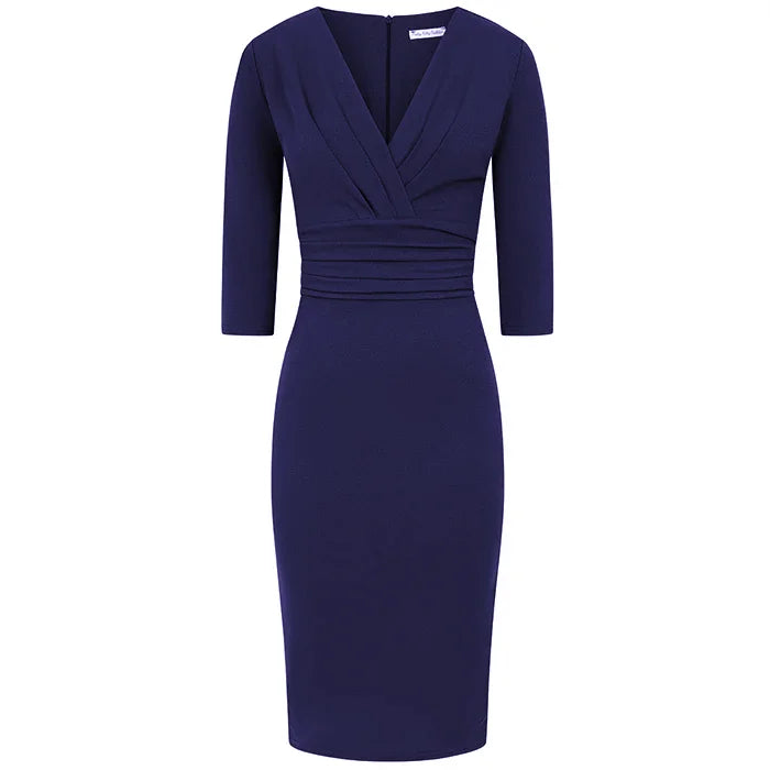 Navy Blue 3/4 Sleeve Deep V Bodycon Ruched Waist Wiggle Dress