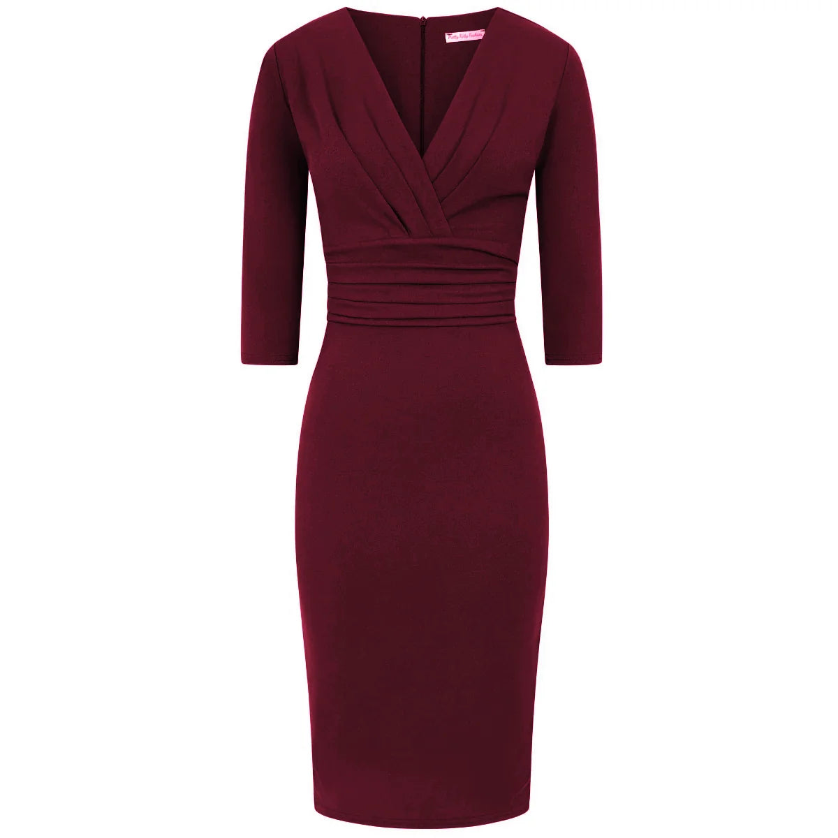 Wine Red 3/4 Sleeve Deep V Bodycon Ruched Waist Wiggle Dress
