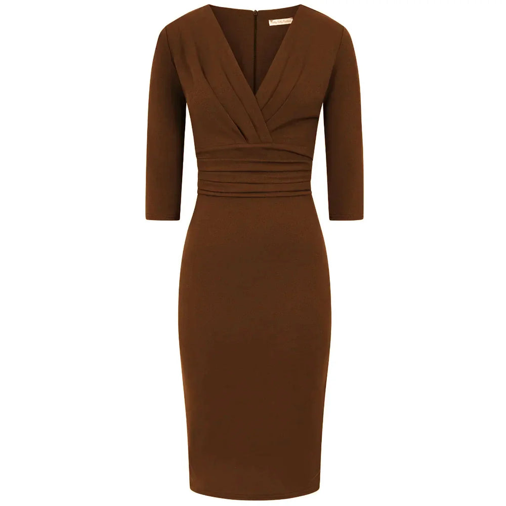 Chocolate Brown 3/4 Sleeve Deep Bodycon Ruched Waist Wiggle Dress