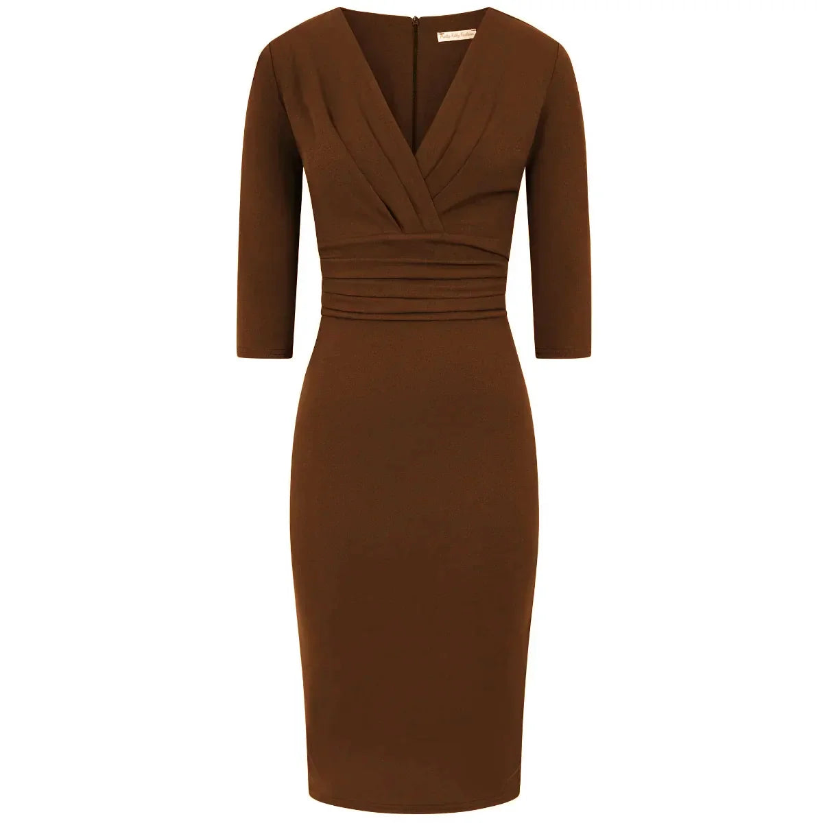 Chocolate Brown 3/4 Sleeve Deep Bodycon Ruched Waist Wiggle Dress