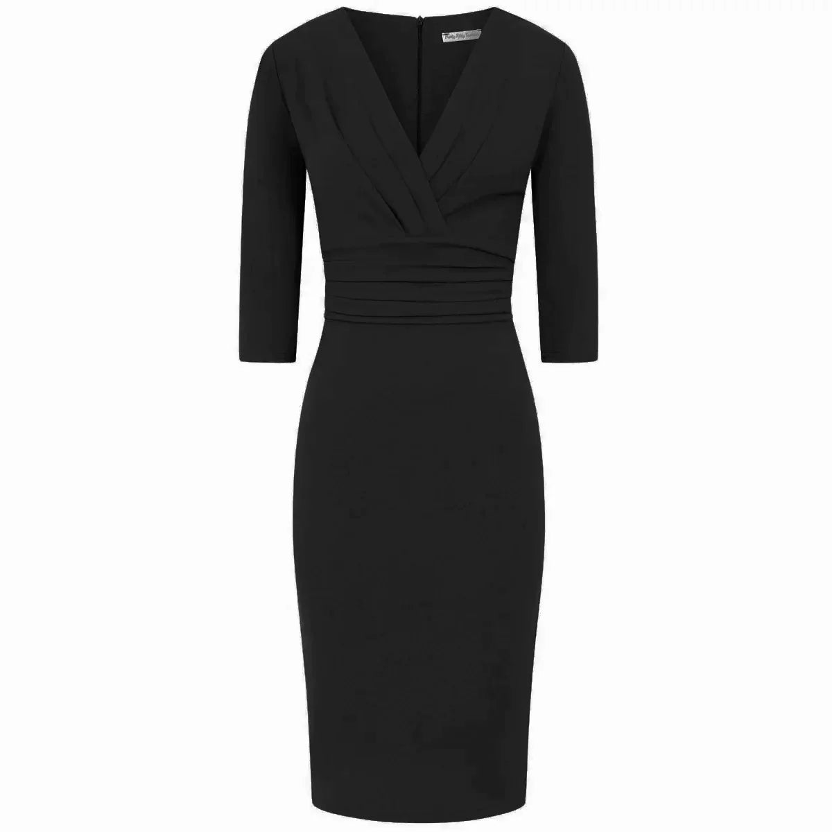 1950s Inspired Black Wiggle Pencil Dress Ruched V Neck 3/4 Sleeves UK Made