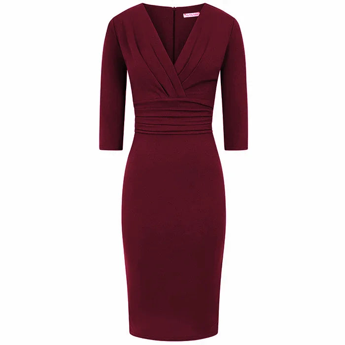 Wine Red 3/4 Sleeve Deep V Bodycon Ruched Waist Wiggle Dress