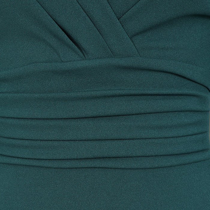 Forest Green 3/4 Sleeve Deep V Bodycon Ruched Waist Wiggle Dress