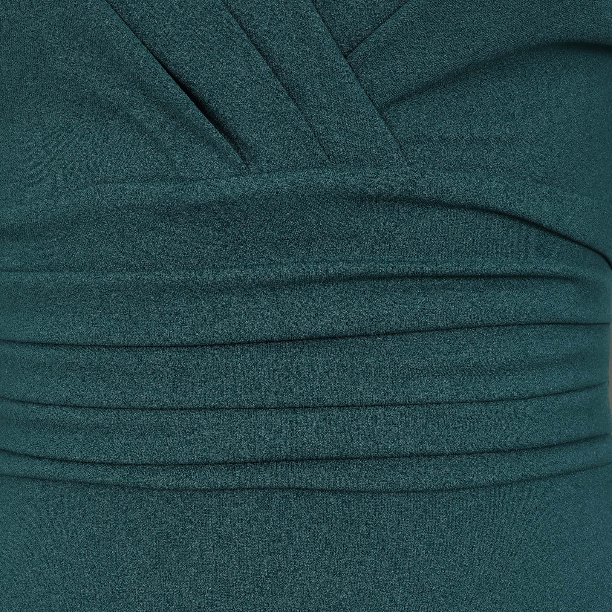 Forest Green 3/4 Sleeve Deep V Bodycon Ruched Waist Wiggle Dress