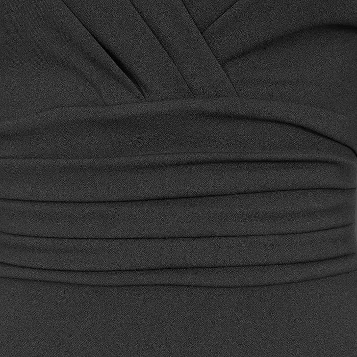 1950s Inspired Black Wiggle Pencil Dress Ruched V Neck 3/4 Sleeves UK Made