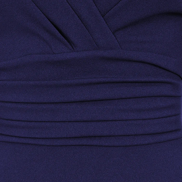Navy Blue 3/4 Sleeve Deep V Bodycon Ruched Waist Wiggle Dress