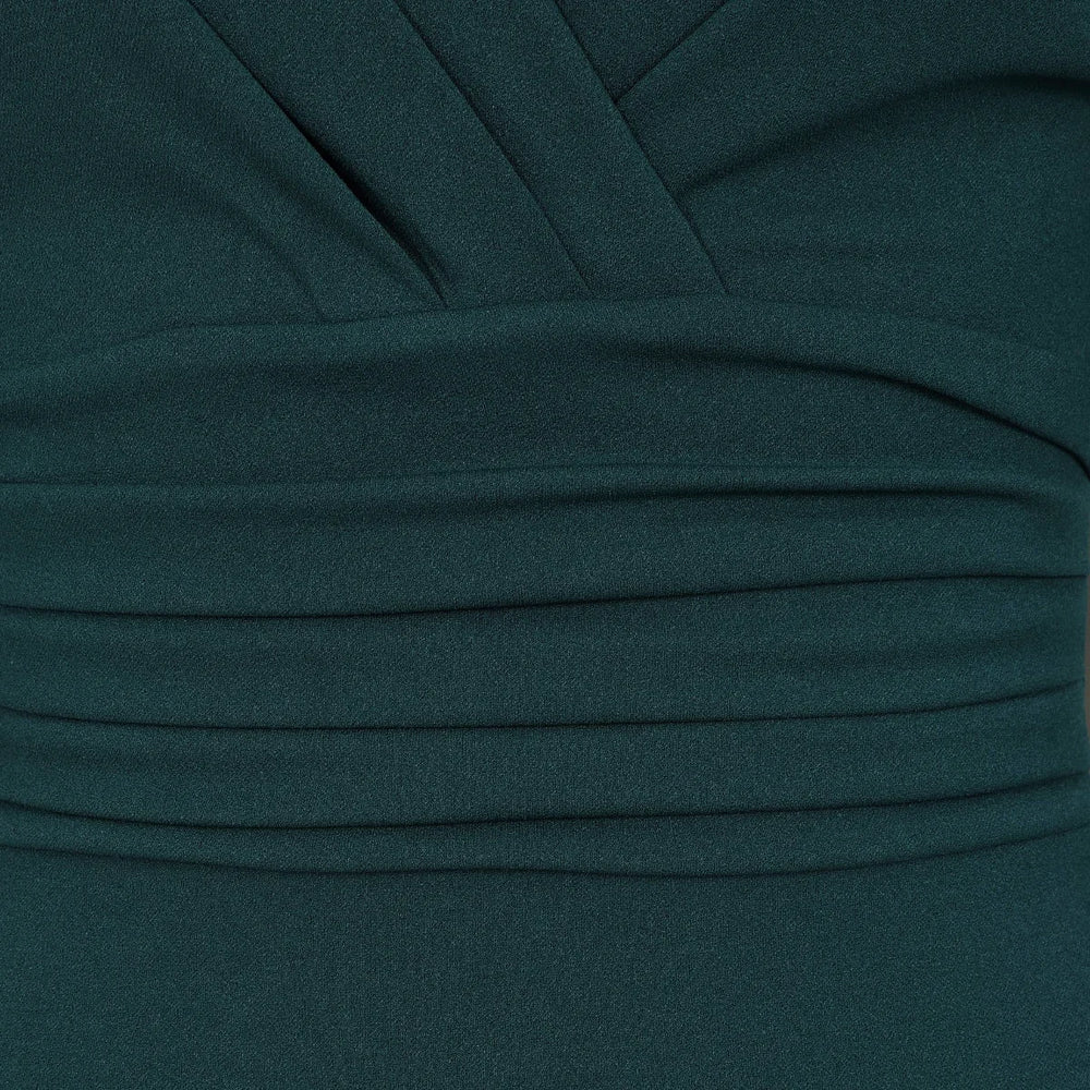 Forest Green 3/4 Sleeve Deep V Bodycon Ruched Waist Wiggle Dress