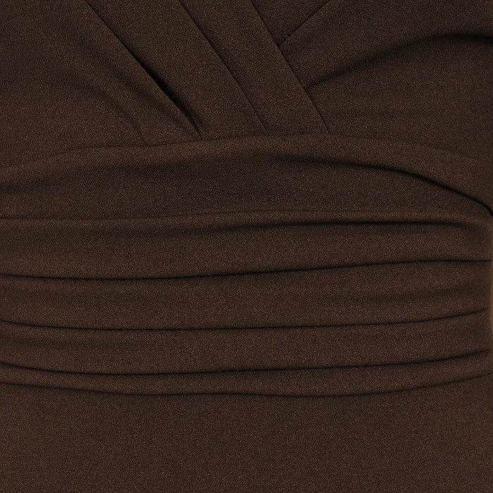 Chocolate Brown 3/4 Sleeve Deep Bodycon Ruched Waist Wiggle Dress