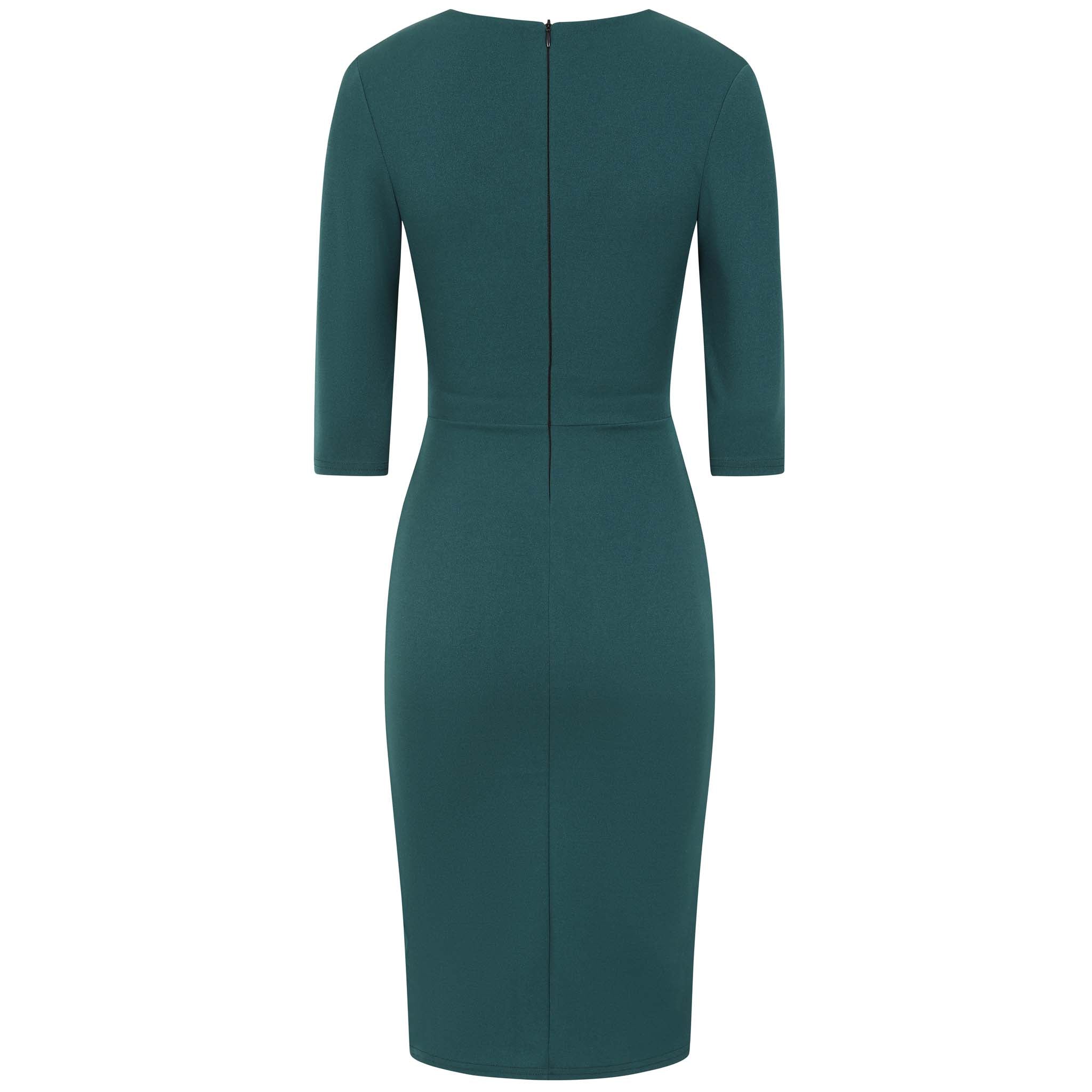 Forest Green 3/4 Sleeve Deep V Bodycon Ruched Waist Wiggle Dress