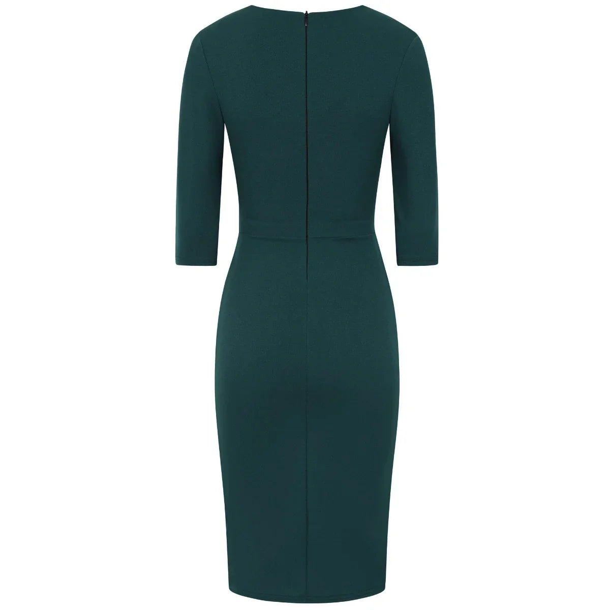 Forest Green 3/4 Sleeve Deep V Bodycon Ruched Waist Wiggle Dress