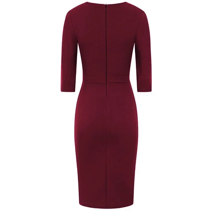 Wine Red 3/4 Sleeve Deep V Bodycon Ruched Waist Wiggle Dress