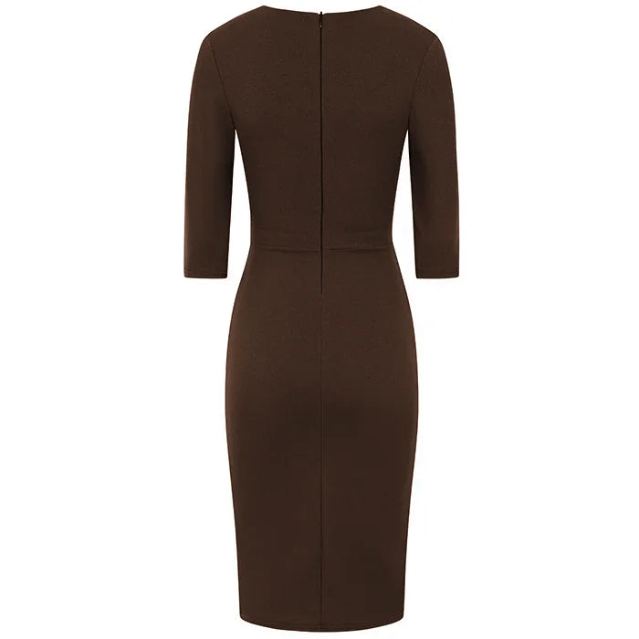 Chocolate Brown 3/4 Sleeve Deep Bodycon Ruched Waist Wiggle Dress