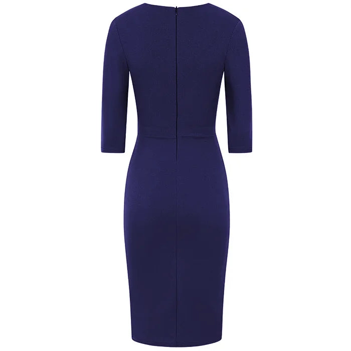 Navy Blue 3/4 Sleeve Deep V Bodycon Ruched Waist Wiggle Dress