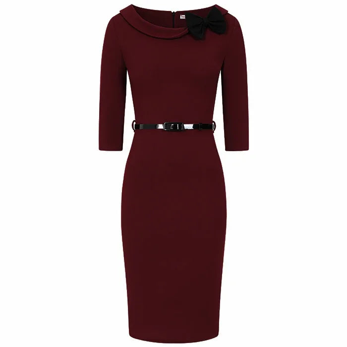 Wine Black 3/4 Sleeve Belted Bow Pencil Dress