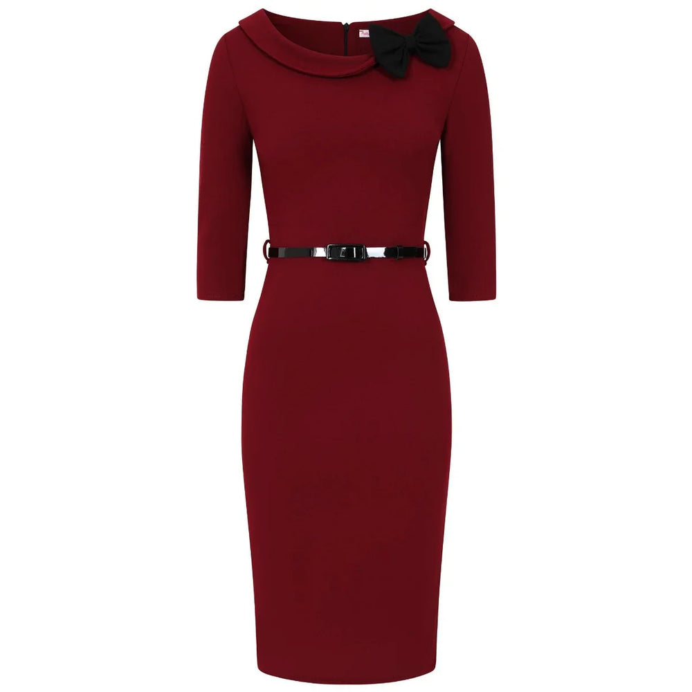 Wine Black 3/4 Sleeve Belted Bow Pencil Dress