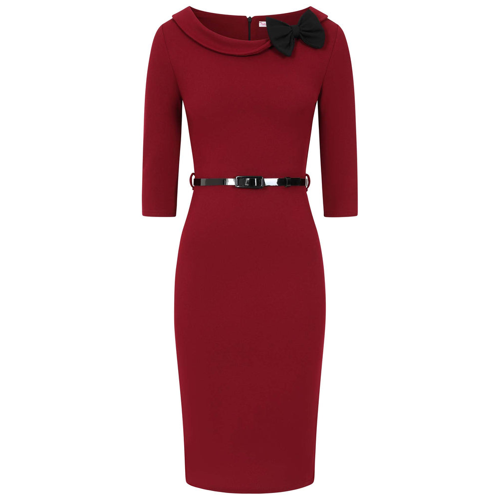 Wine Black 3/4 Sleeve Belted Bow Pencil Dress