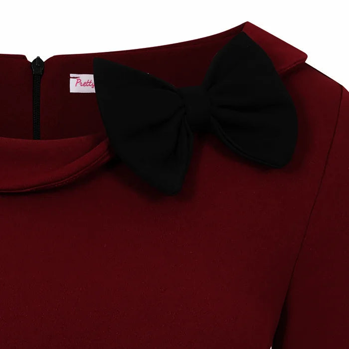 Wine Black 3/4 Sleeve Belted Bow Pencil Dress