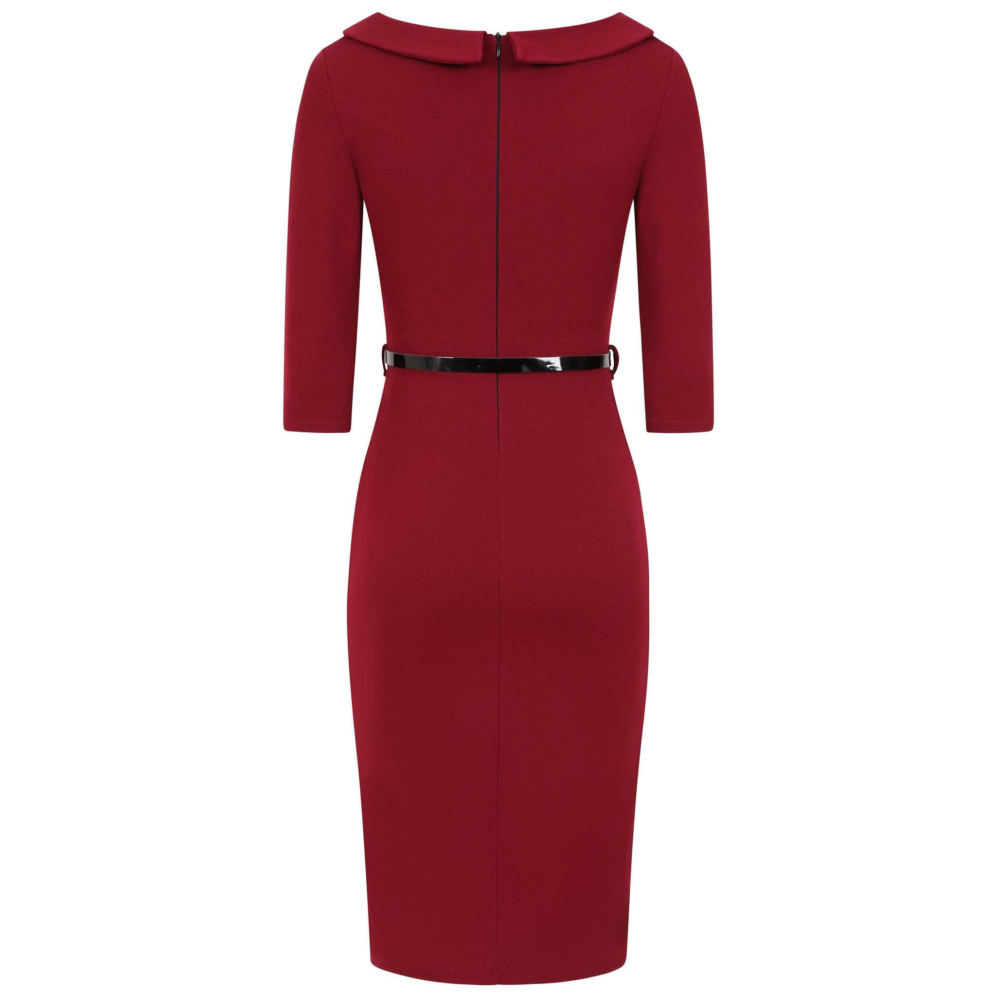Wine Black 3/4 Sleeve Belted Bow Pencil Dress
