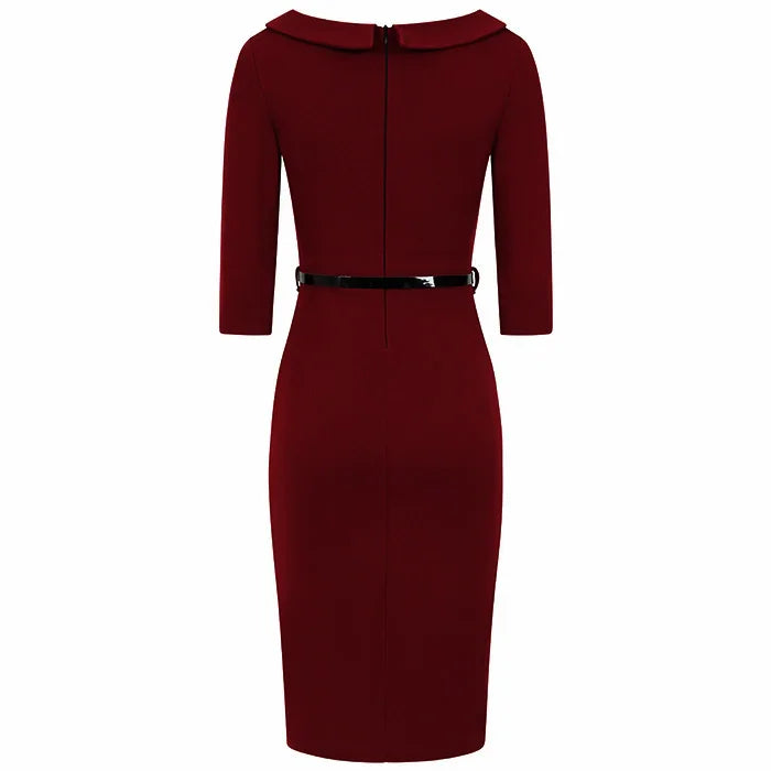 Wine Black 3/4 Sleeve Belted Bow Pencil Dress