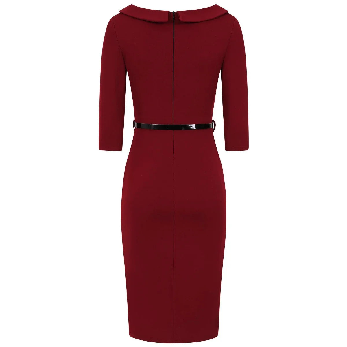 Wine Black 3/4 Sleeve Belted Bow Pencil Dress