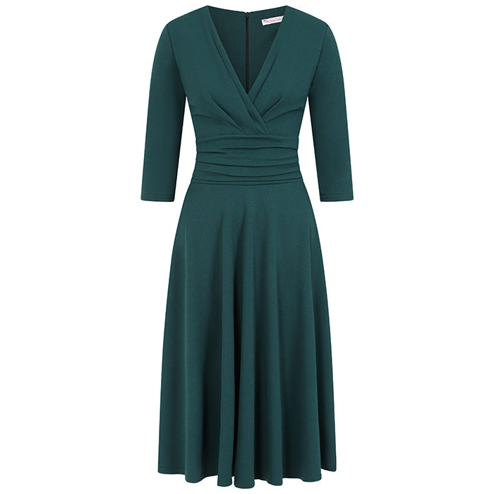 Forest Green Deep V Neck A Line Vintage Ruched Waist 3/4 Sleeve Swing Bridesmaid Midi Dress