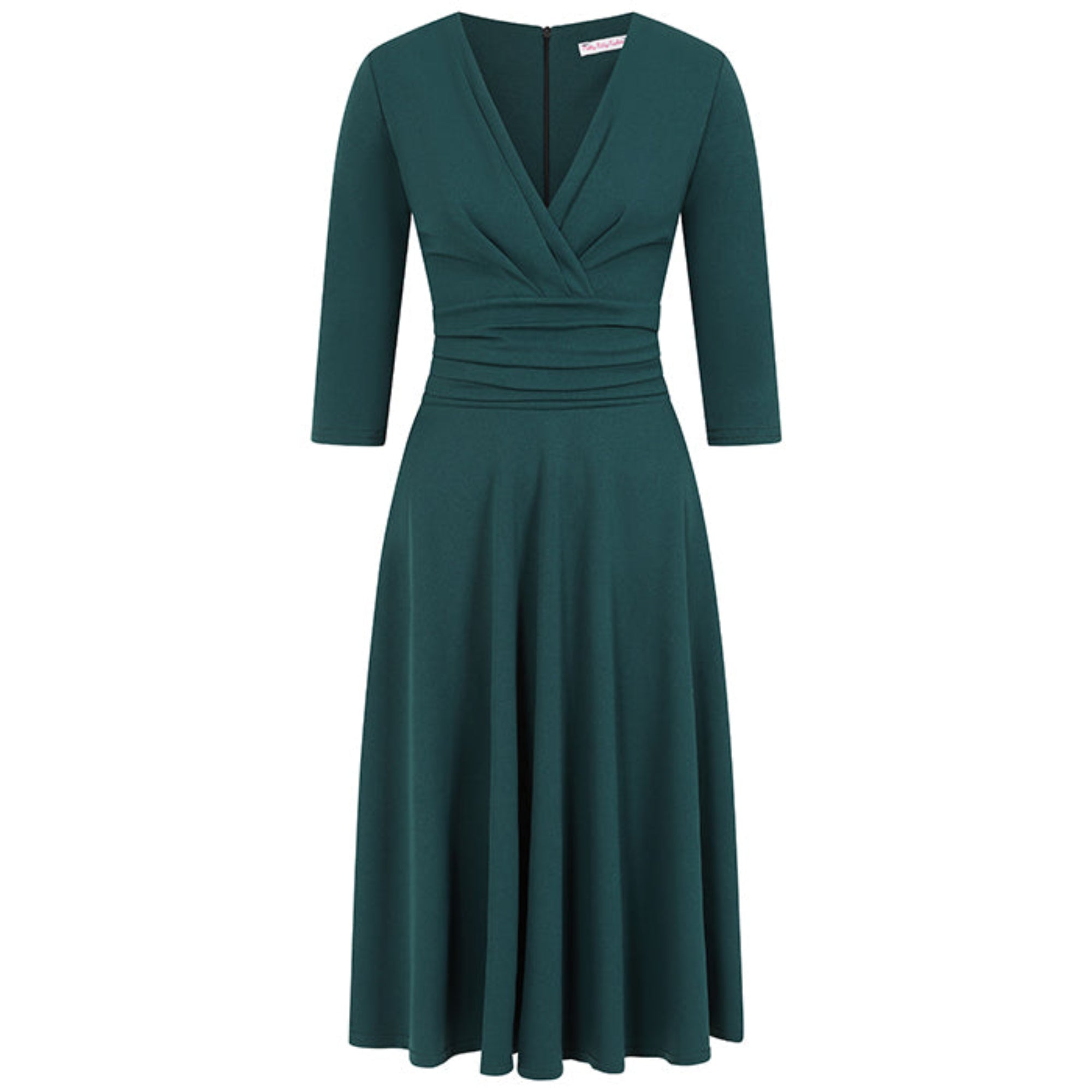 Forest Green Deep V Neck A Line Vintage Ruched Waist 3/4 Sleeve Swing Midi Dress