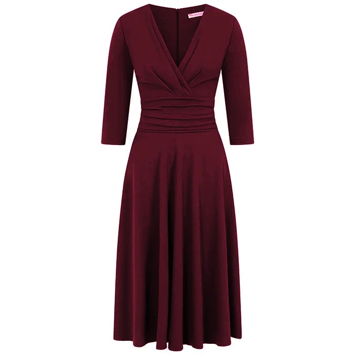 Wine Red Deep V Neck A Line Vintage Ruched Waist 3/4 Sleeve Swing Bridesmaid Midi Dress
