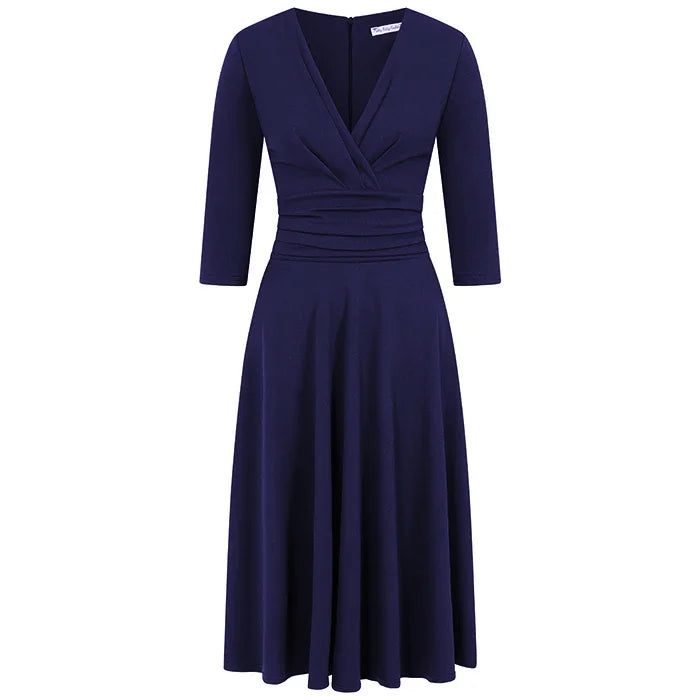 Navy Deep V Neck A Line Vintage Ruched Waist 3/4 Sleeve Swing Bridesmaid Midi Dress