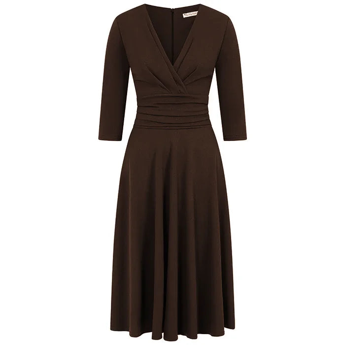 Chocolate Brown Deep V Neck A Line Vintage Ruched Waist 3/4 Sleeve Swing Bridesmaid Midi Dress (Copy)