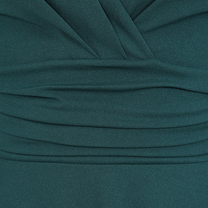 Forest Green Deep V Neck A Line Vintage Ruched Waist 3/4 Sleeve Swing Bridesmaid Midi Dress