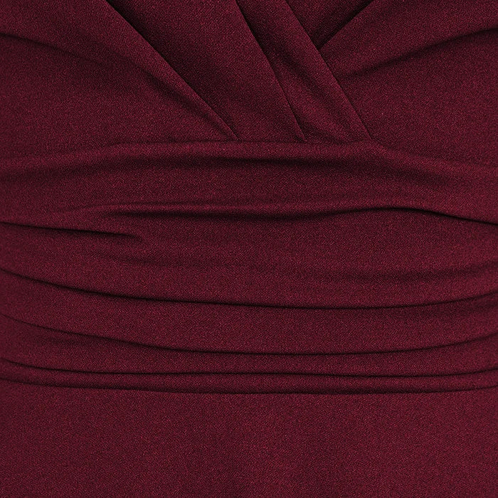 Wine Red Deep V Neck A Line Vintage Ruched Waist 3/4 Sleeve Swing Bridesmaid Midi Dress