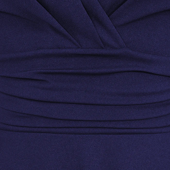 Navy Deep V Neck A Line Vintage Ruched Waist 3/4 Sleeve Swing Bridesmaid Midi Dress