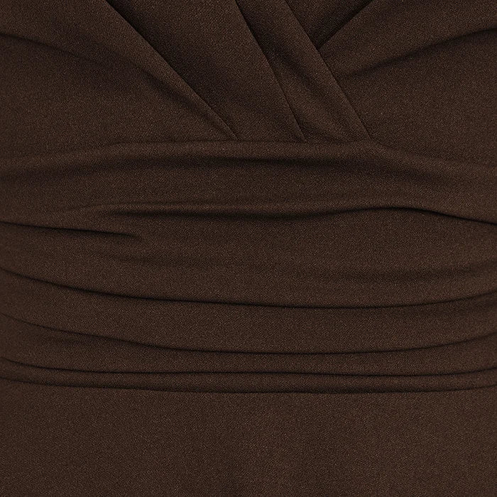 Chocolate Brown Deep V Neck A Line Vintage Ruched Waist 3/4 Sleeve Swing Bridesmaid Midi Dress (Copy)