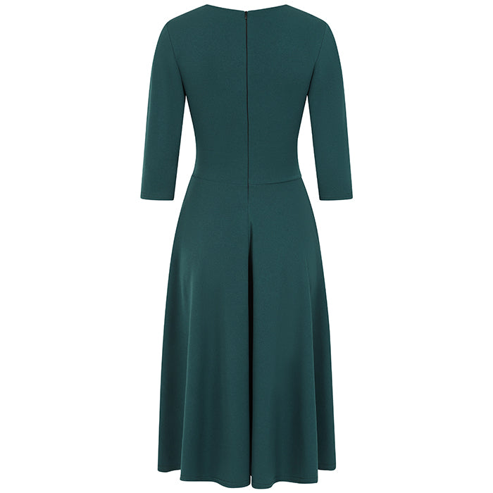 Forest Green Deep V Neck A Line Vintage Ruched Waist 3/4 Sleeve Swing Bridesmaid Midi Dress