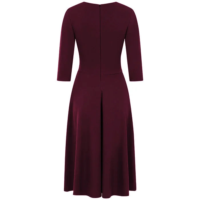Wine Red Deep V Neck A Line Vintage Ruched Waist 3/4 Sleeve Swing Bridesmaid Midi Dress
