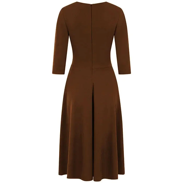 Chocolate Brown Deep V Neck A Line Vintage Ruched Waist 3/4 Sleeve Swing Bridesmaid Midi Dress