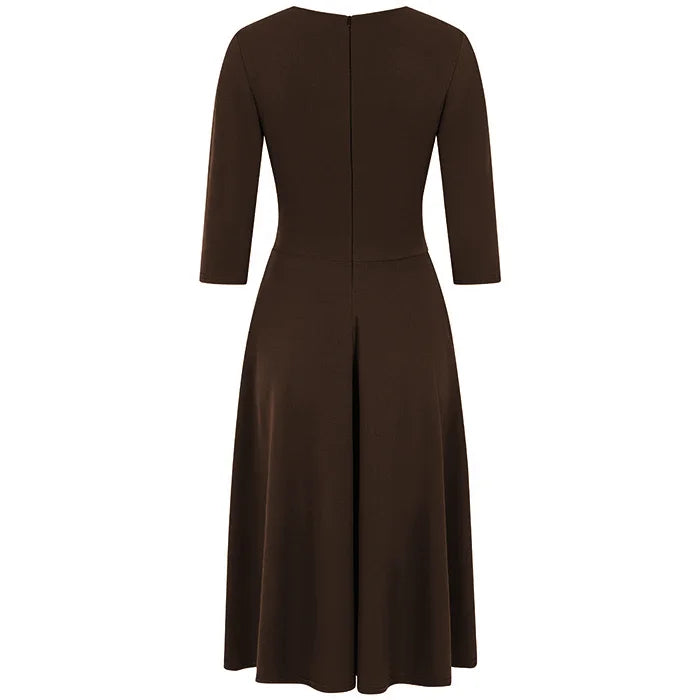 Chocolate Brown Deep V Neck A Line Vintage Ruched Waist 3/4 Sleeve Swing Bridesmaid Midi Dress (Copy)