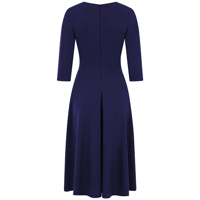 Navy Deep V Neck A Line Vintage Ruched Waist 3/4 Sleeve Swing Bridesmaid Midi Dress