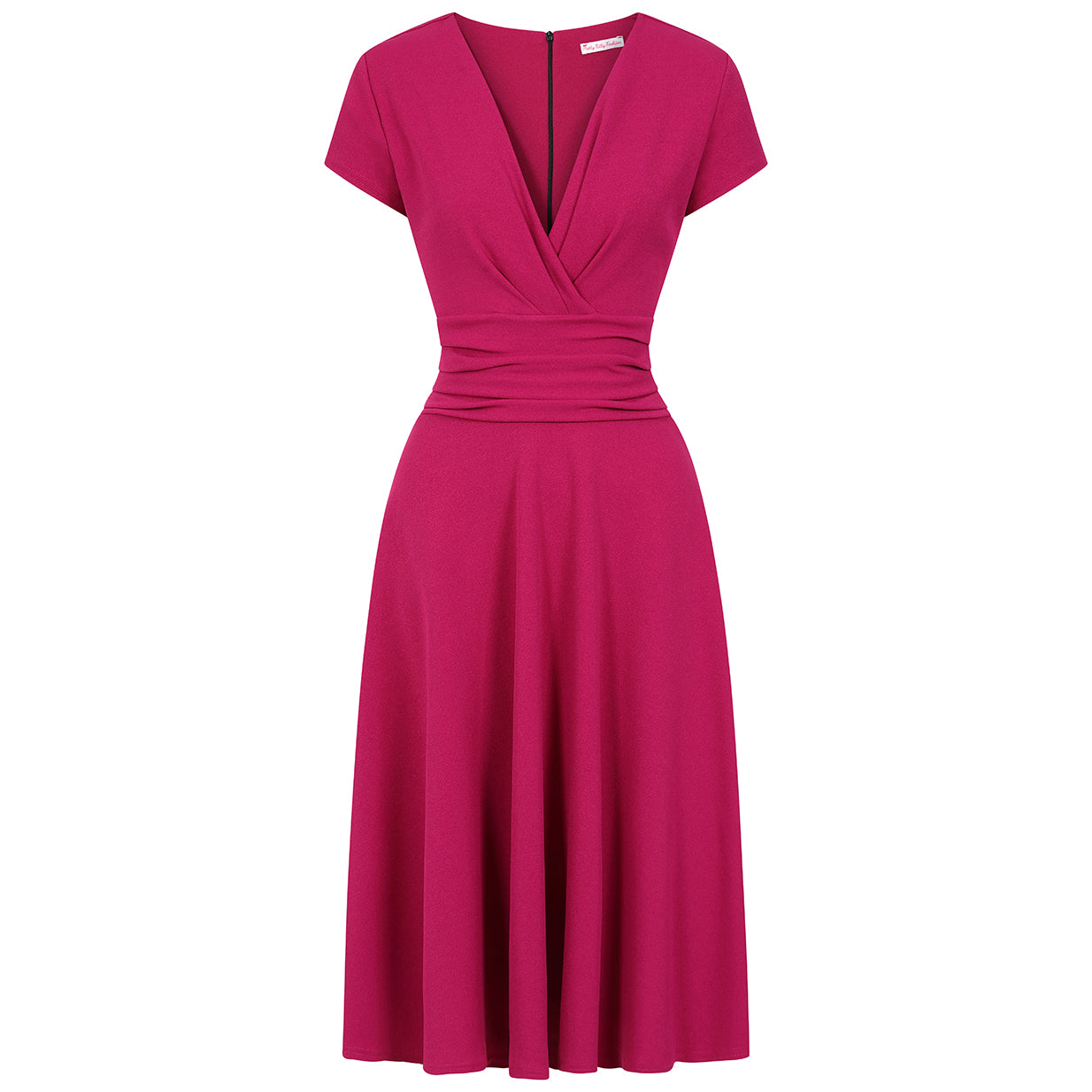 Amaranth Deep V Neck A Line Vintage Ruched Waist Capped Sleeve Swing Bridesmaid Midi Dress