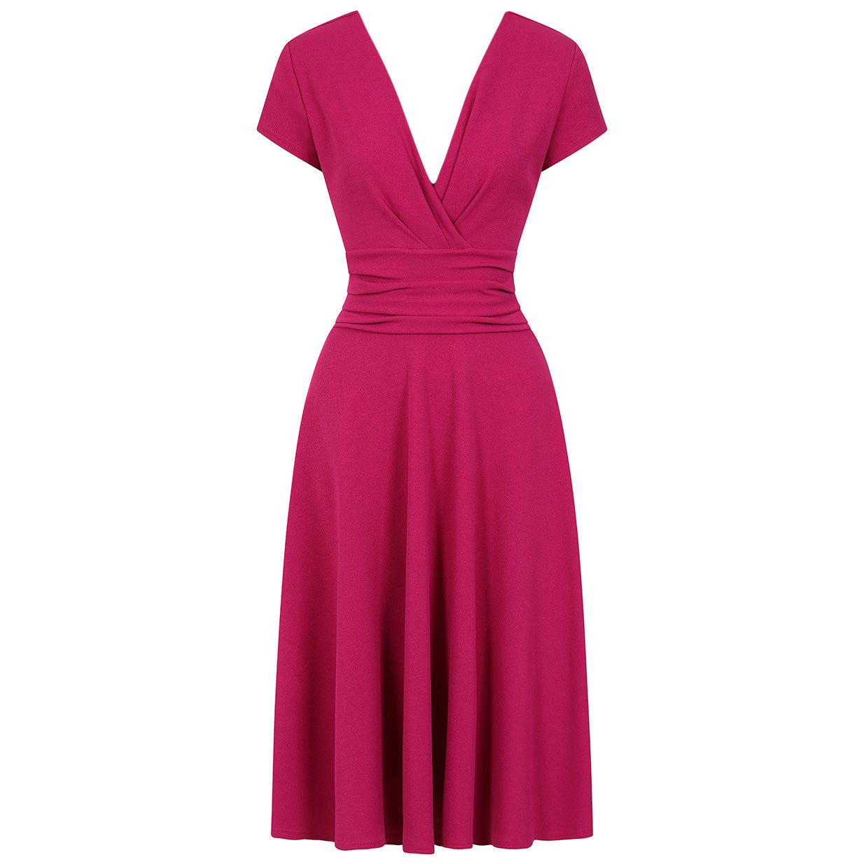 Amaranth Deep V Neck A Line Vintage Ruched Waist Capped Sleeve Swing Bridesmaid Midi Dress