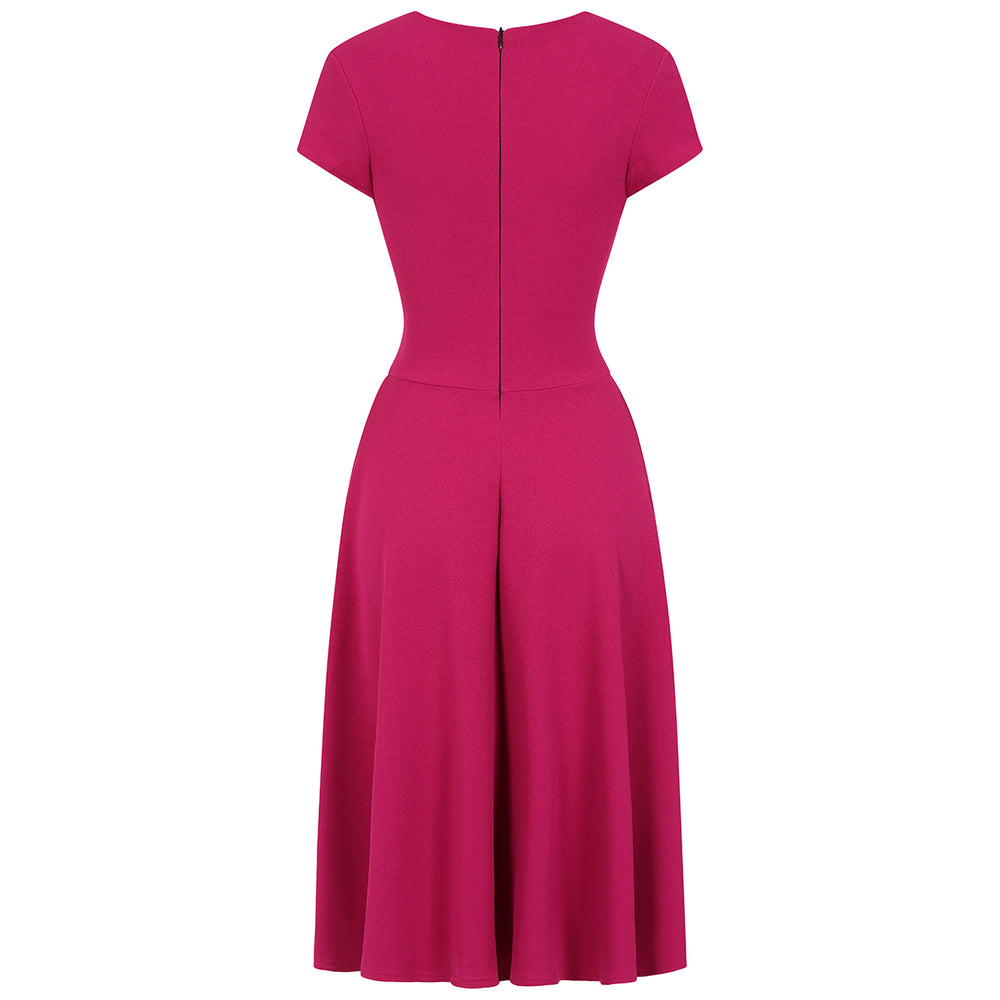 Amaranth Deep V Neck A Line Vintage Ruched Waist Capped Sleeve Swing Bridesmaid Midi Dress