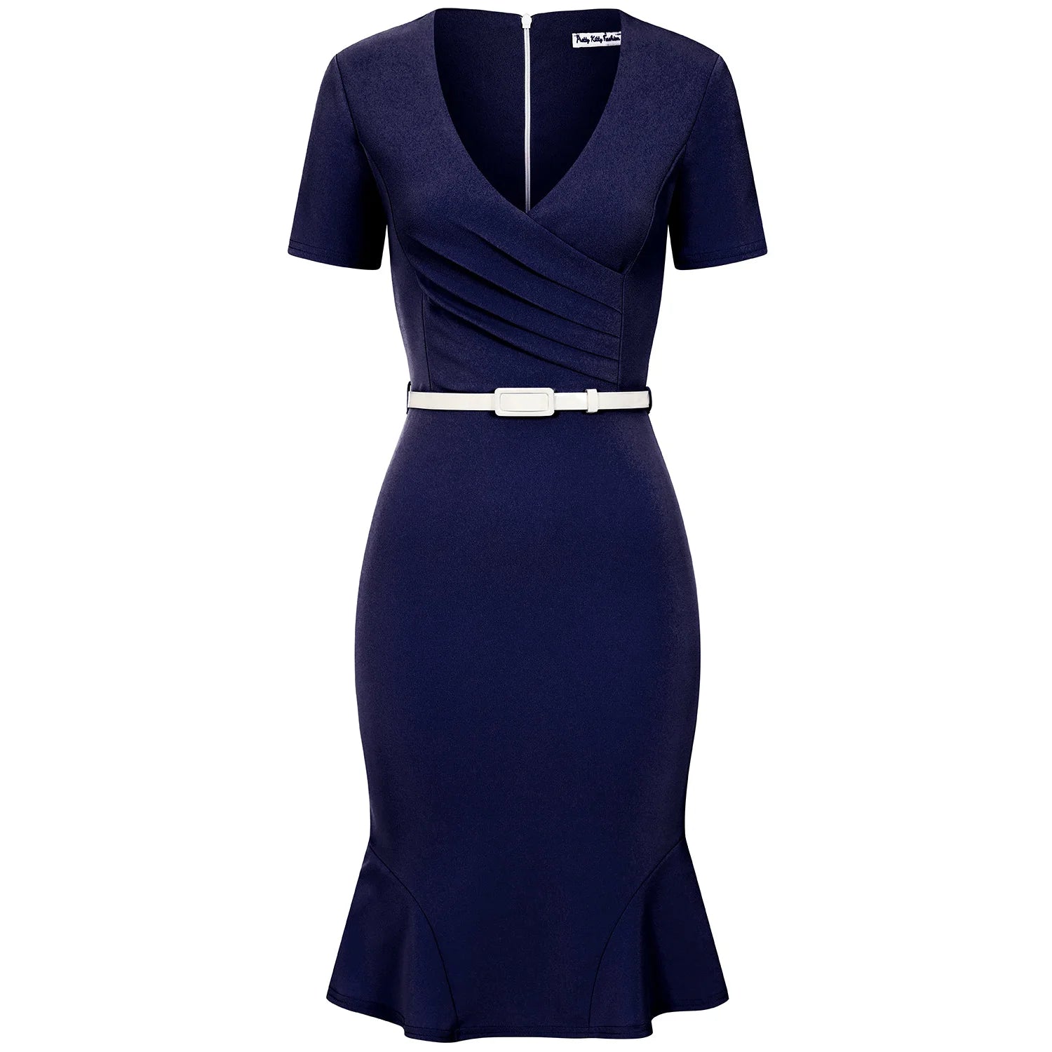 Navy Blue Pleated Wrap Top Short Sleeve Pencil Wiggle Dress With Fluted Hem With Belt