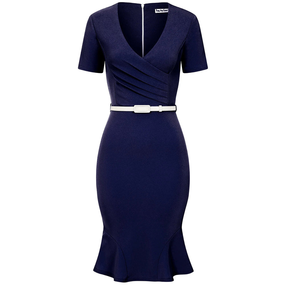 Navy Blue Pleated Wrap Top Short Sleeve Pencil Wiggle Dress With Fluted Hem With Belt