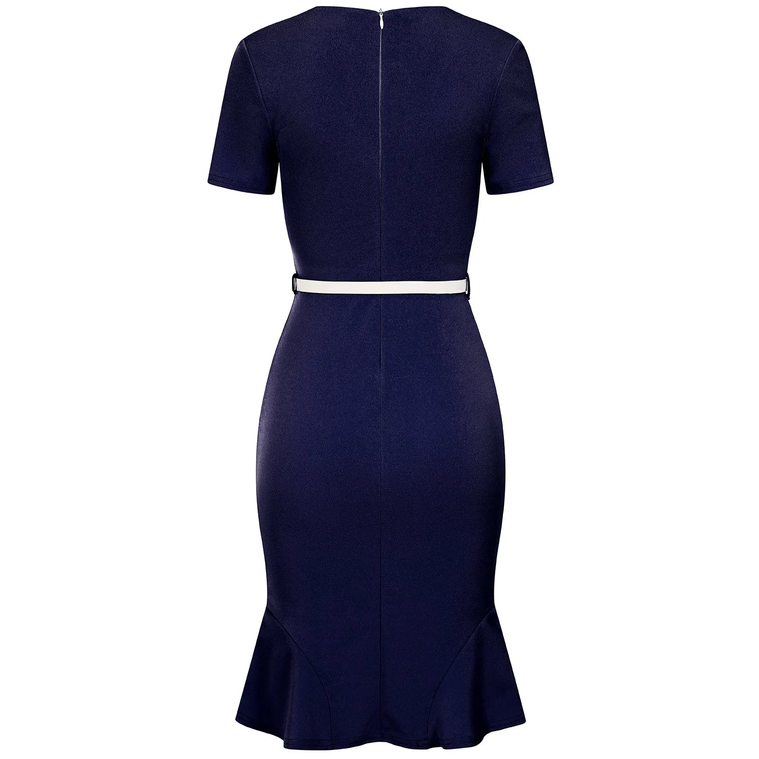 Navy Blue Pleated Wrap Top Short Sleeve Pencil Wiggle Dress With Fluted Hem With Belt