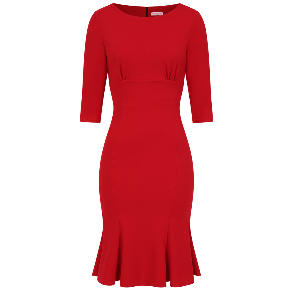 Red 1940's Vintage 3/4 Sleeve Bodycon Peplum Hem Dress