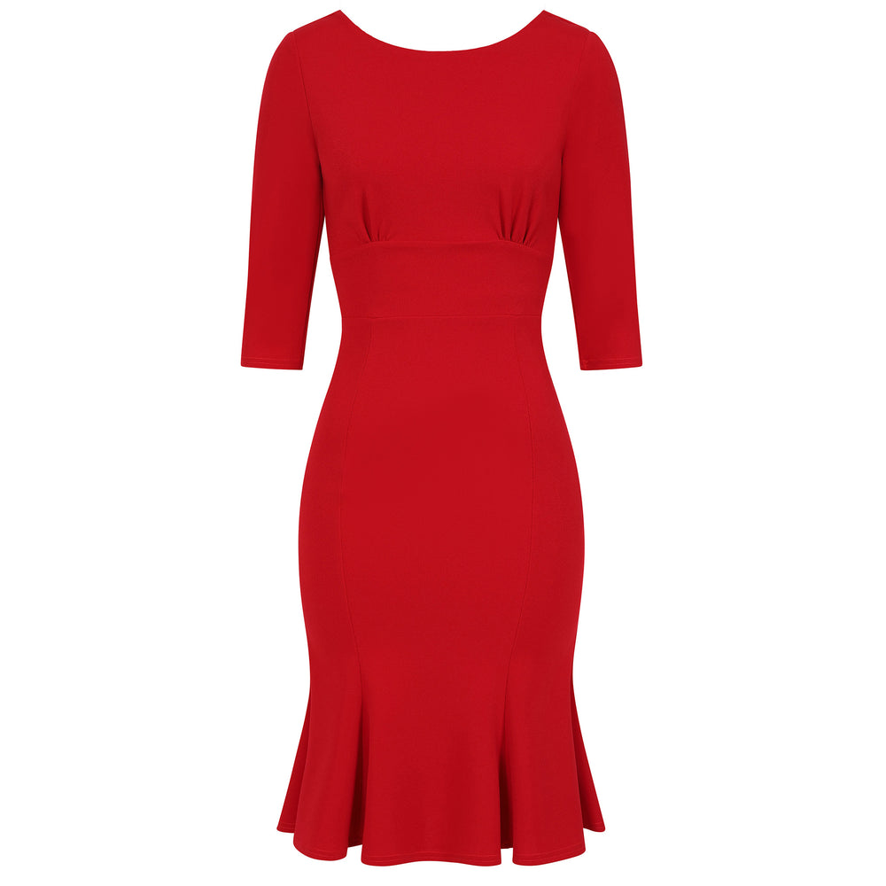 Red 1940's Vintage 3/4 Sleeve Bodycon Peplum Hem Dress