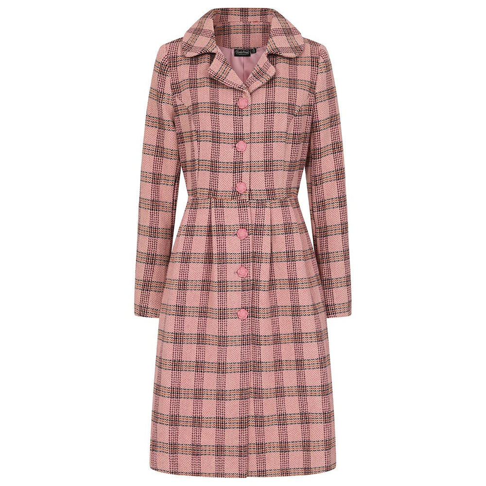 1960s Inspired Poly Wool Pink Check Print Winter Coat