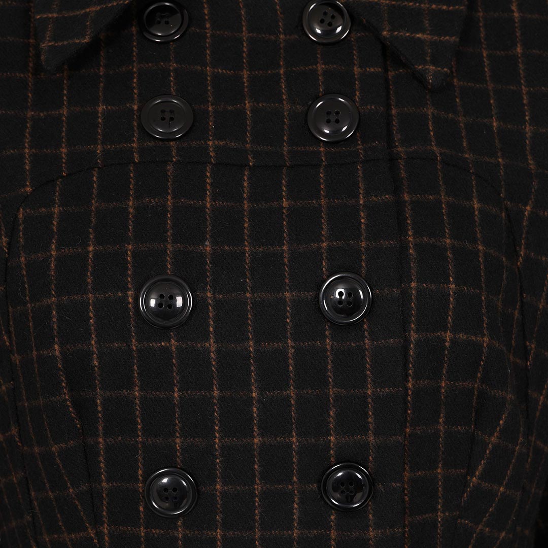 Black Brown Double Breasted Wool Vintage Check Print Winter Coat